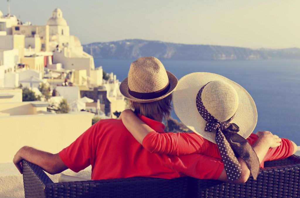happy young couple on vacation in Santorini, Greece
