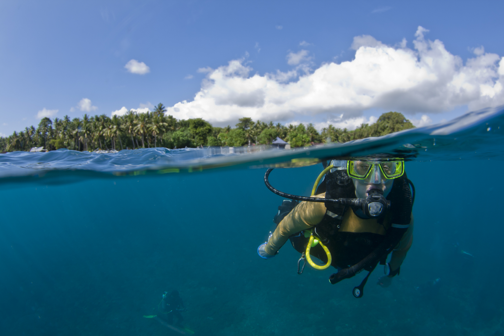 Under-over shot of a Female diver swimming at the surface with palm trees in the background