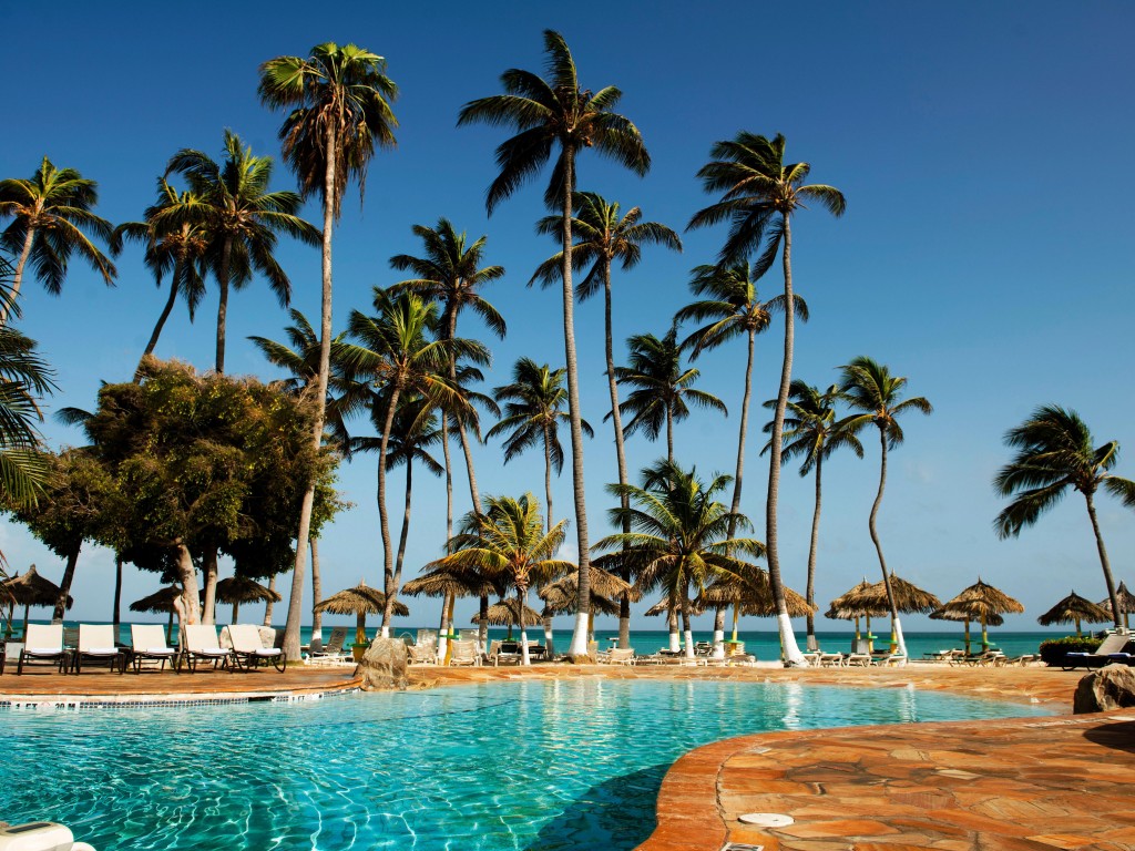 Het zwembad en de palmbomen van het luxe resort aan Palm Beach