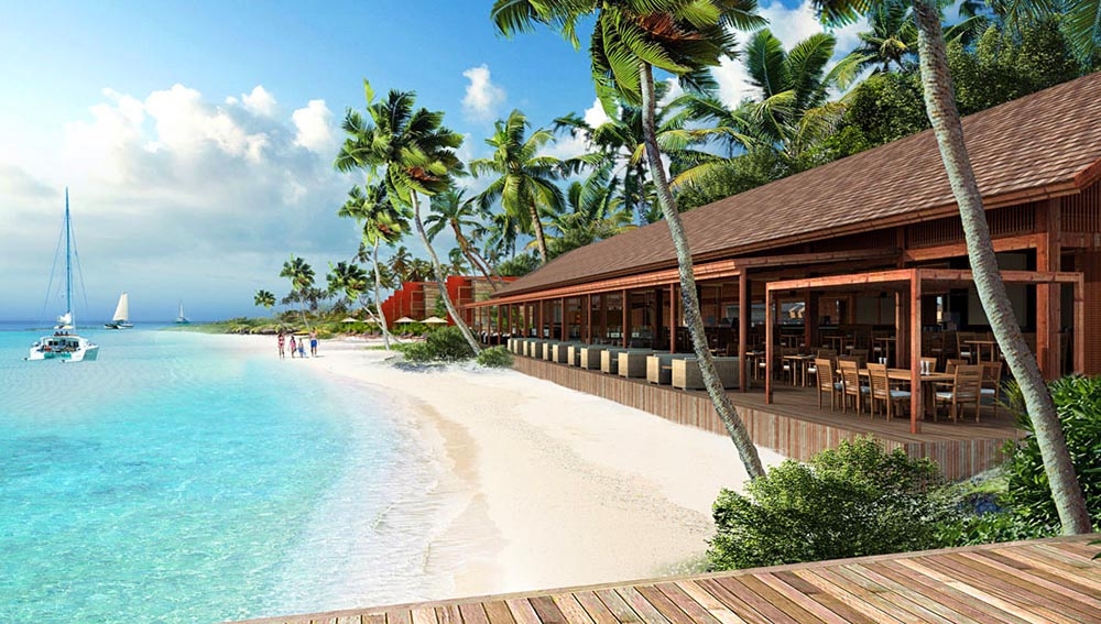 Het strand en restaurant van de Malediven